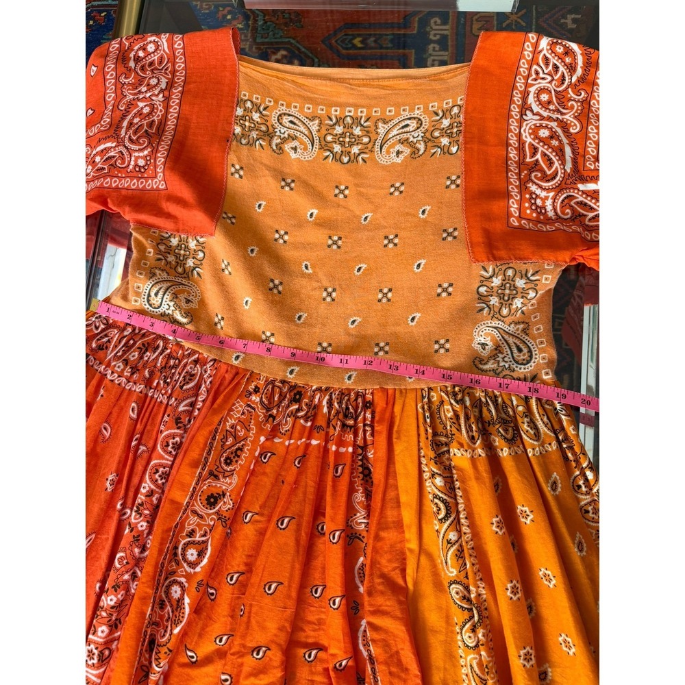 Handmade Orange Bandana Patchwork Midi Dress Bell Sleeve Paisley Boho S/M - Picture 10 of 11